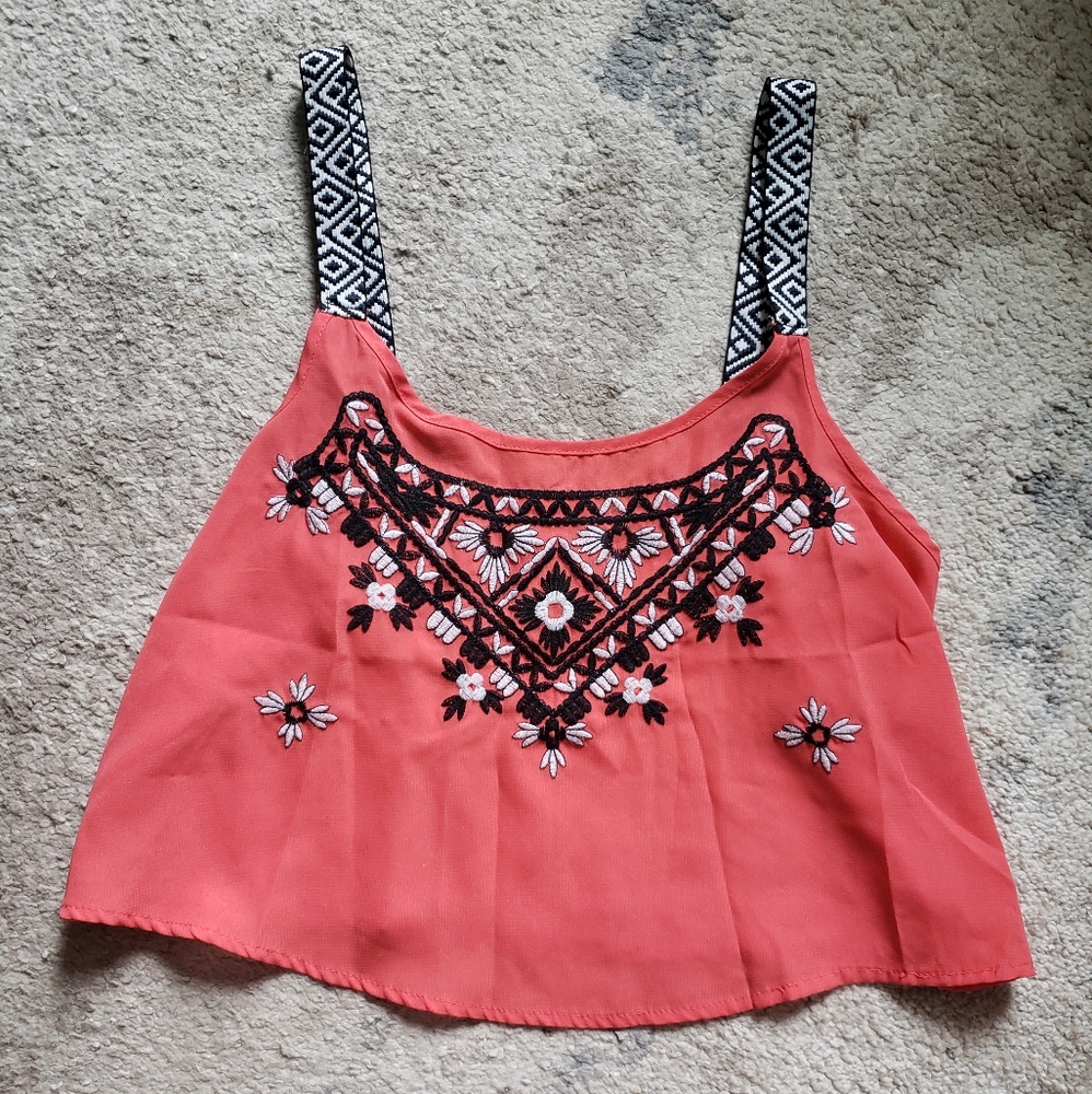 Coral Pink Floral Embroidered Crop Tank